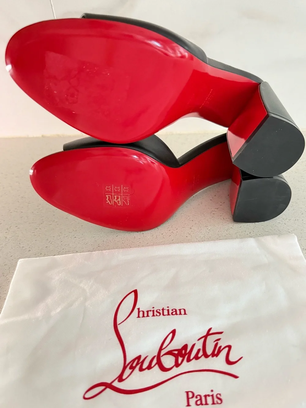 Christian Louboutin Black Leather Block Heel Mules with Signature Red Sole
